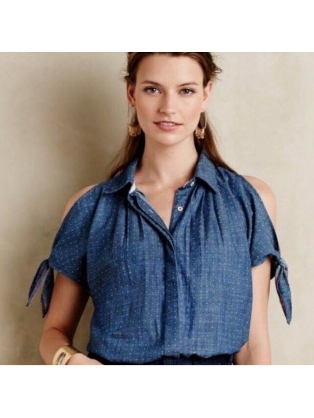 Anthropologie Holding Horses Chambray Polka Dot Cold Shoulder Top Size 2